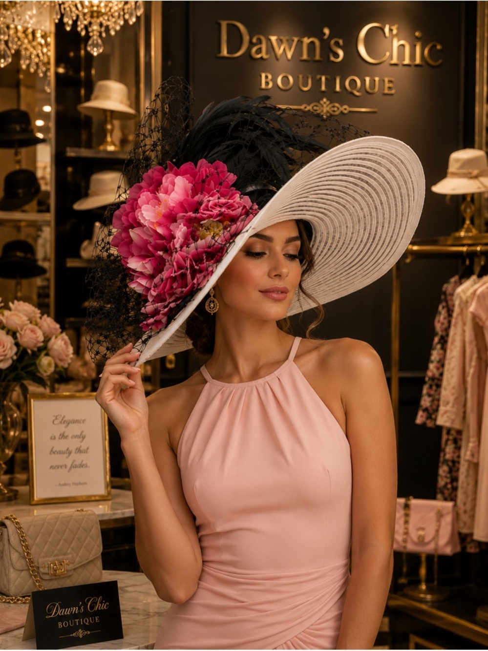 Gorgeous White Wide-Brim Hat with Pink Floral Accent